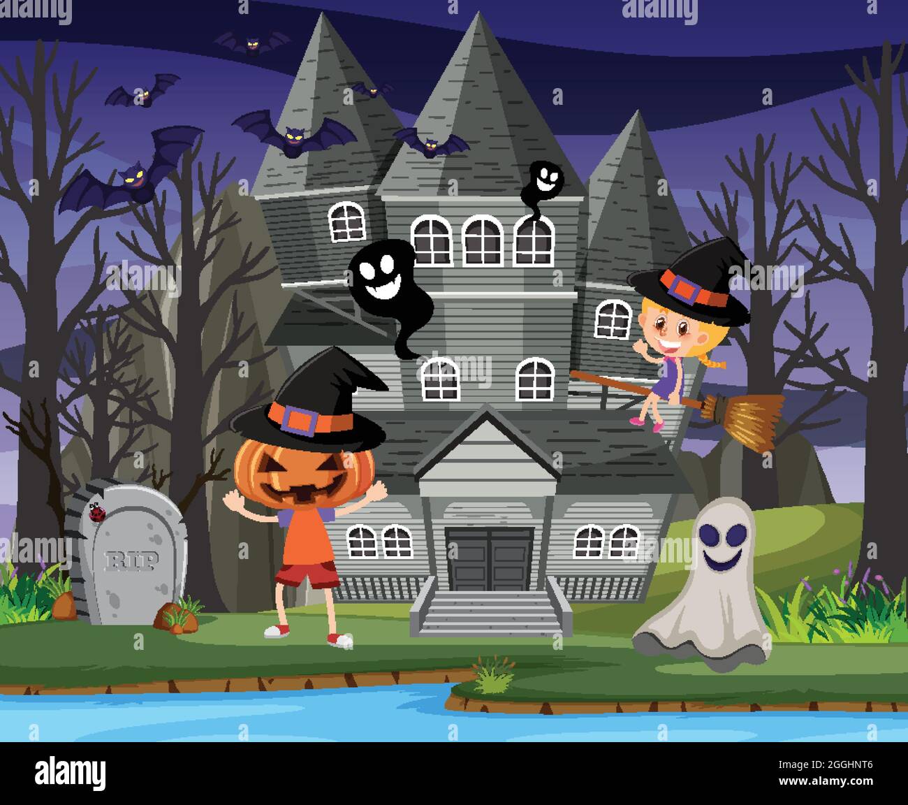 Haunted halloween mansion at night illustration Stock Vector Image ...