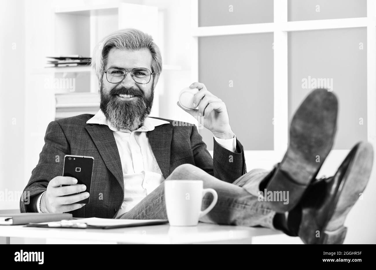 Office job. Successful man entrepreneur formal business suit sitting office interior