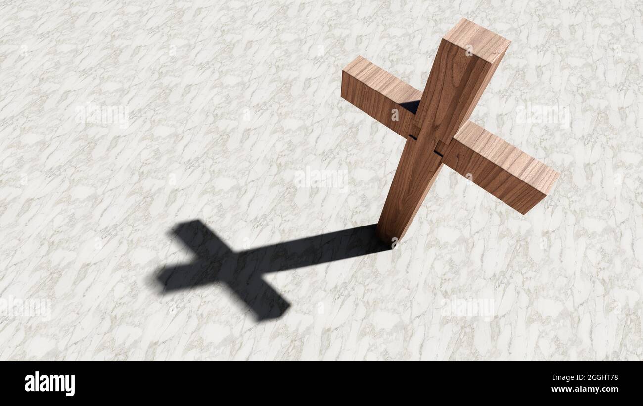 Concept or conceptual wooden cross on a pattern white marble background. 3d illustration metaphor for God, Christ, Christianity, religious, faith, hol Stock Photo