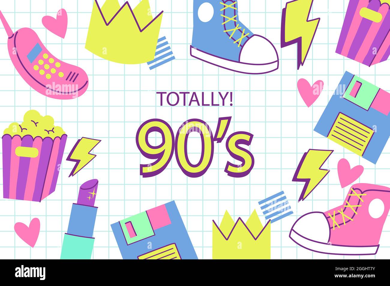Hand drawn flat nostalgic 90s background Vector illustration. Stock Vector
