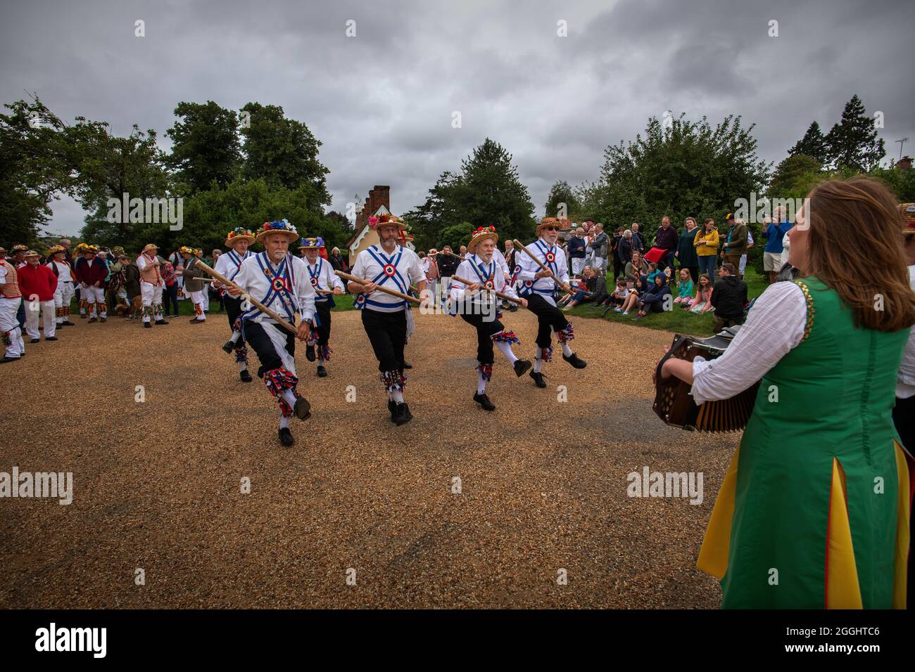 Thaxted Essex Morris Dancing August Bank Holiday Monday photo Brian Harris 30 Aug 2021 Dancing in the Bull Ring and Thaxted Church Yard Blackmore Morr Stock Photo
