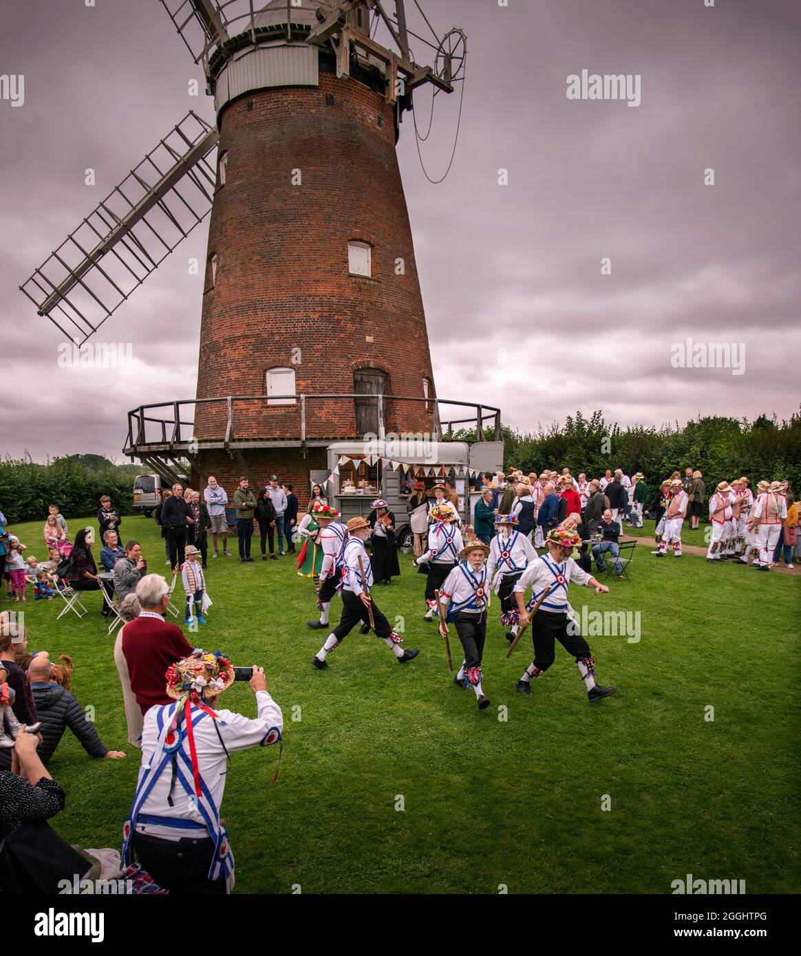 Thaxted Essex Morris Dancing August Bank Holiday Monday photo Brian Harris 30 Aug 2021 Dancing in the grounds of John Webb’s Windmill dating from the Stock Photo