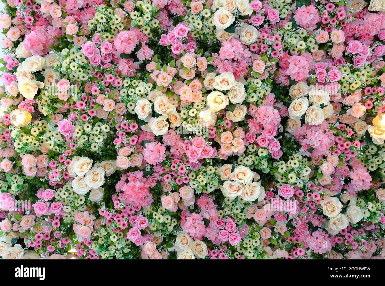A ceiling decorated with roses and daisies in various shades of pink and yellow, background and texture concepts Stock Photo