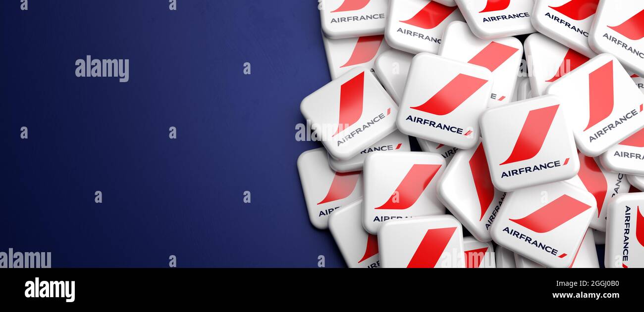 Logos of the French airline Air France on a heap. Copy space. Web banner format. Stock Photo
