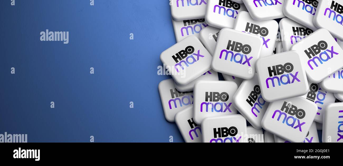 Logos of the on demand video streaming site HBO max on a heap. Web banner size with copy space. Stock Photo