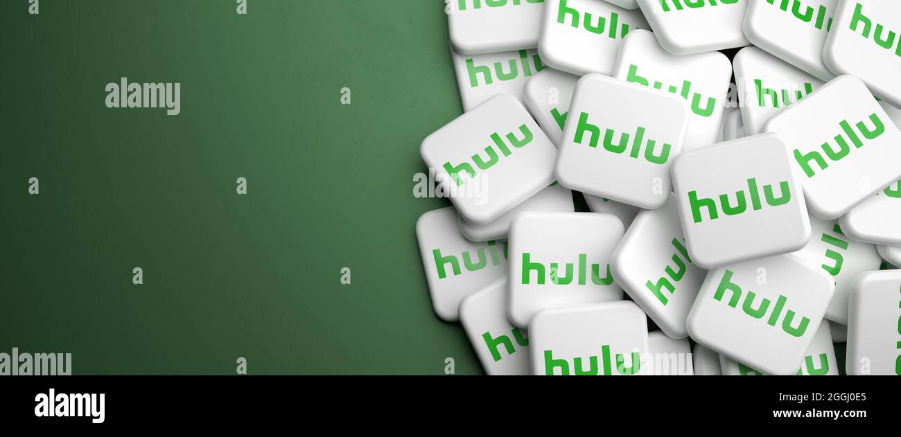 Logos of the on demand video streaming site hulu on a heap. Web banner size with copy space. Stock Photo