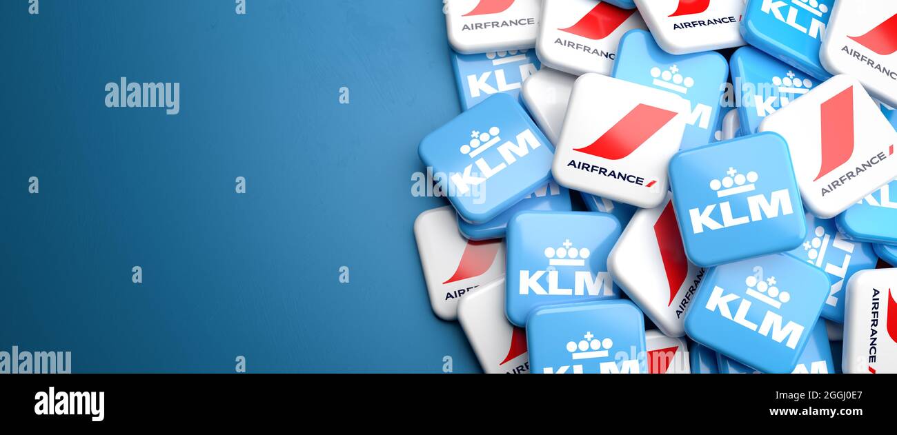 Logos of the merged airlines Air France and KLM on a heap. Copy space. Web banner format. Stock Photo