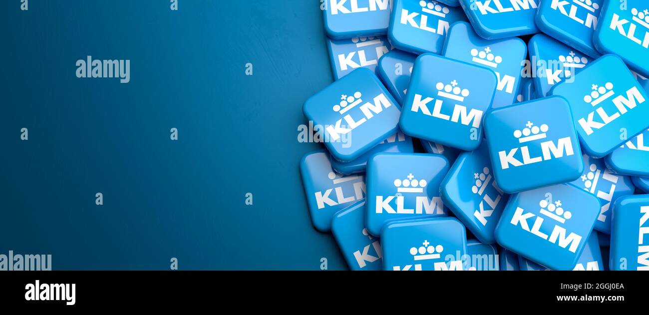 Logos of the Royal Dutch airline KLM on a heap. Copy space. Web banner format. Stock Photo