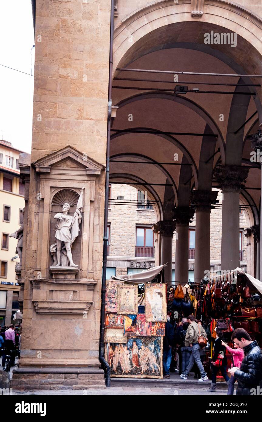 Florence Loggia del Porcellino is a Renaissance arched covered market, Italy. Statue is of Florentine Michele de Lando. Stock Photo