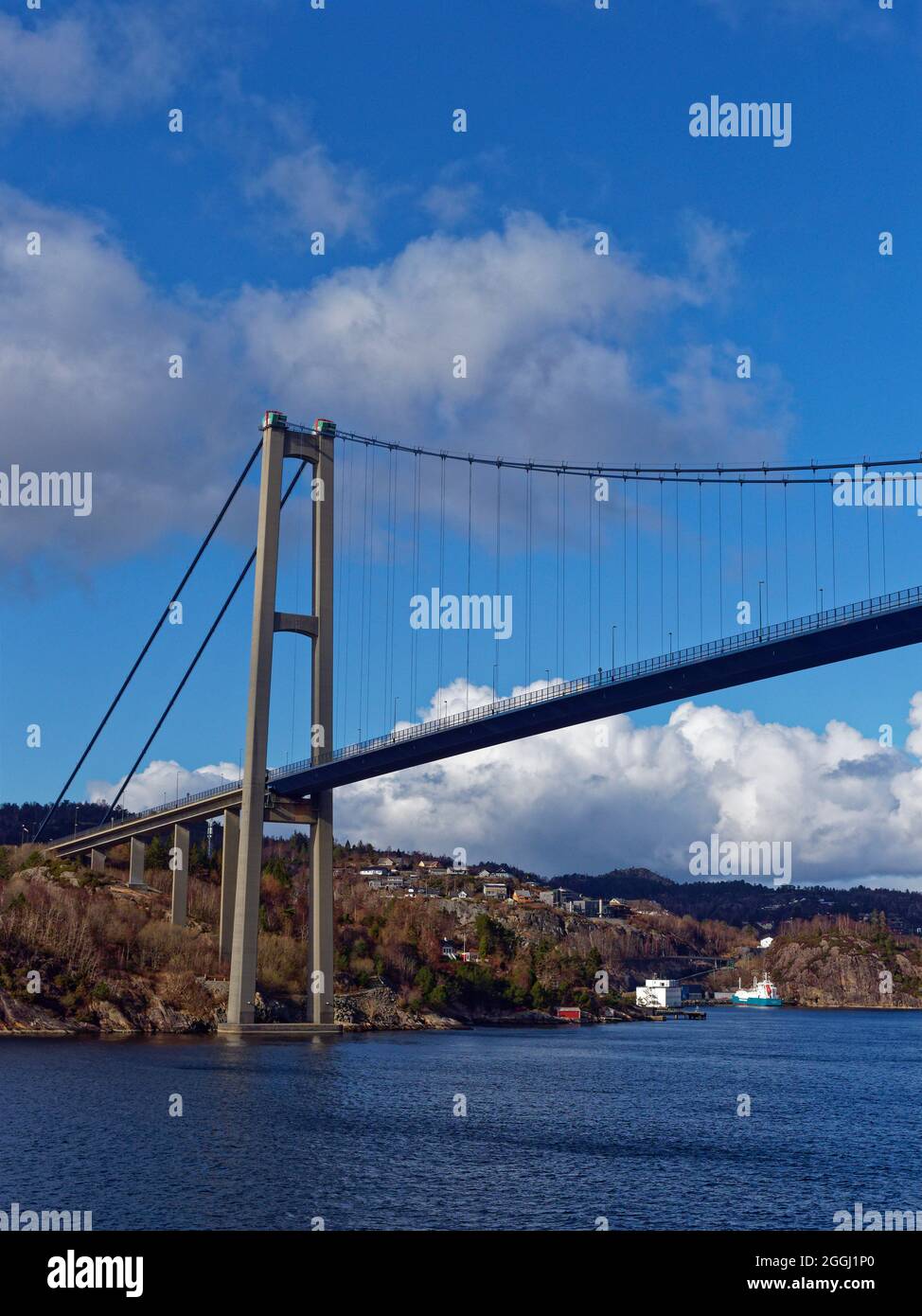 The North Tower of the Askoy Suspension Bridge near to Bergen crossing the Fjord allowing traffic to flow between the Coastal Islands. Stock Photo
