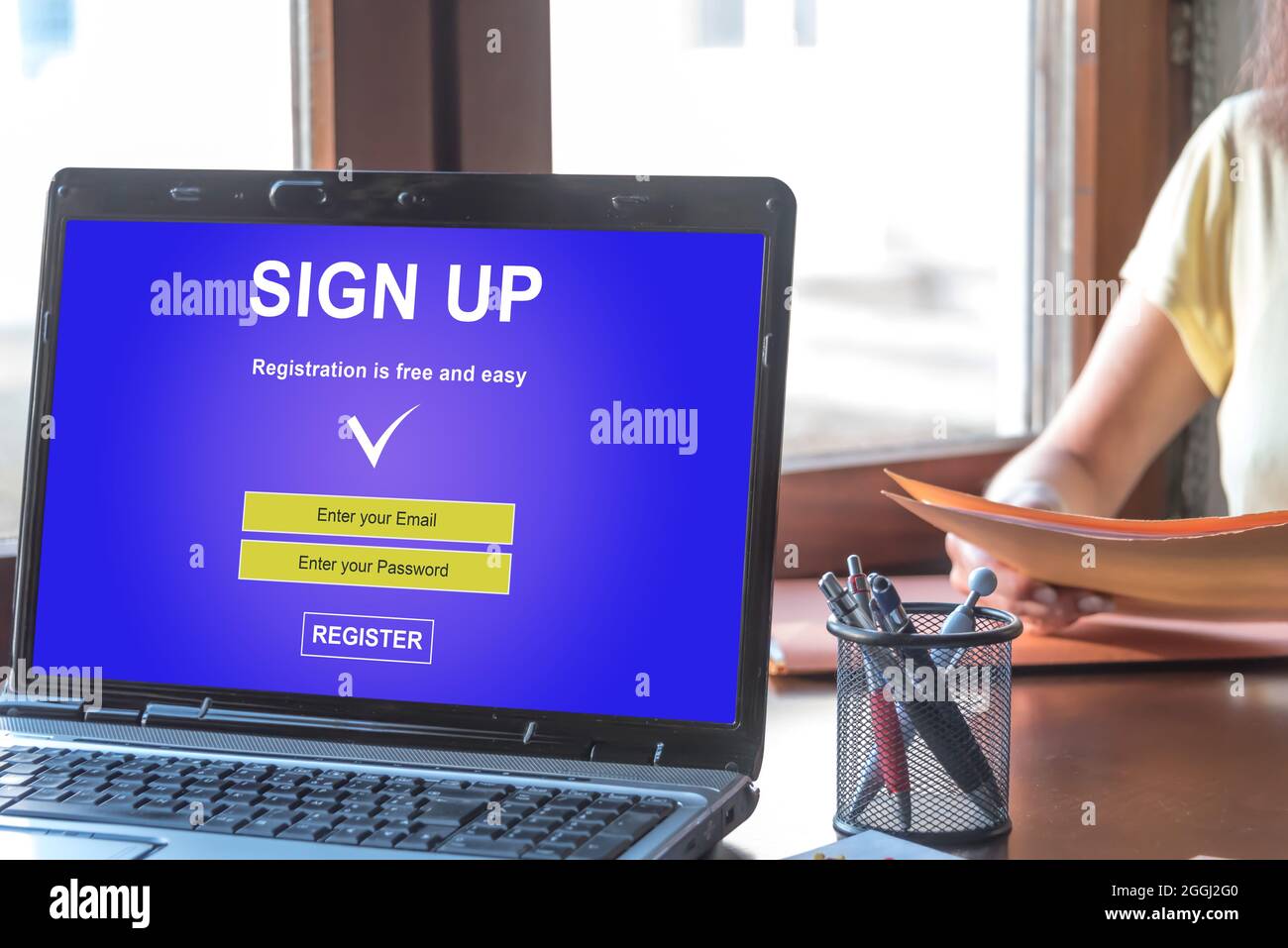 Laptop screen displaying a sign up concept Stock Photo - Alamy