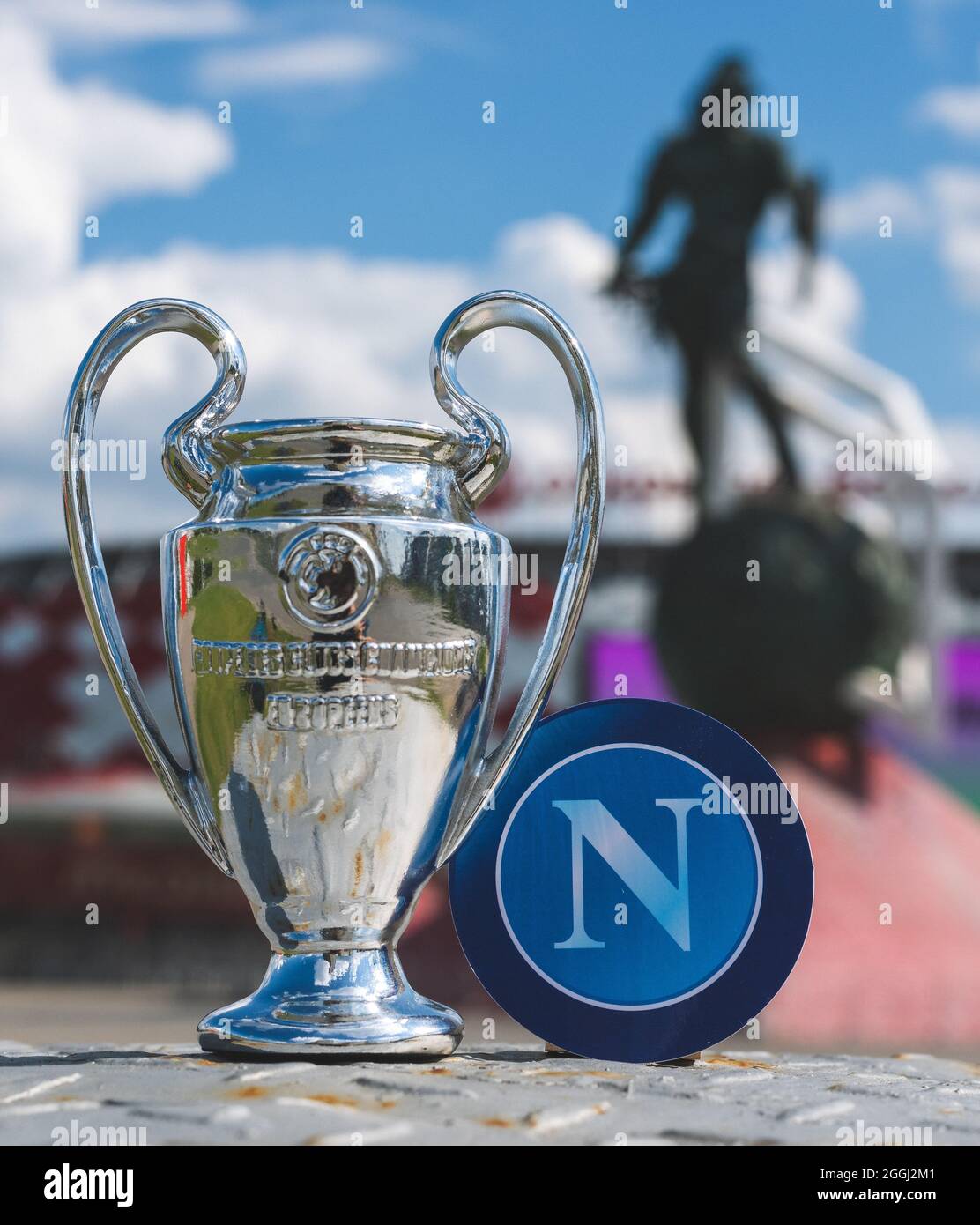 June 14, 2021 Moscow, Russia. The emblem of the Napoli football club and  the Uefa Champions League Cup against the background of the Otkrytie Arena  st Stock Photo - Alamy