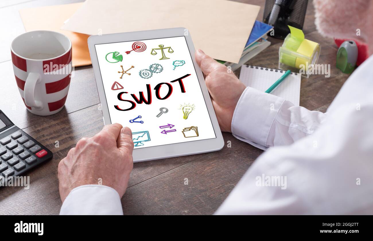 Swot concept shown on a tablet held by a man Stock Photo
