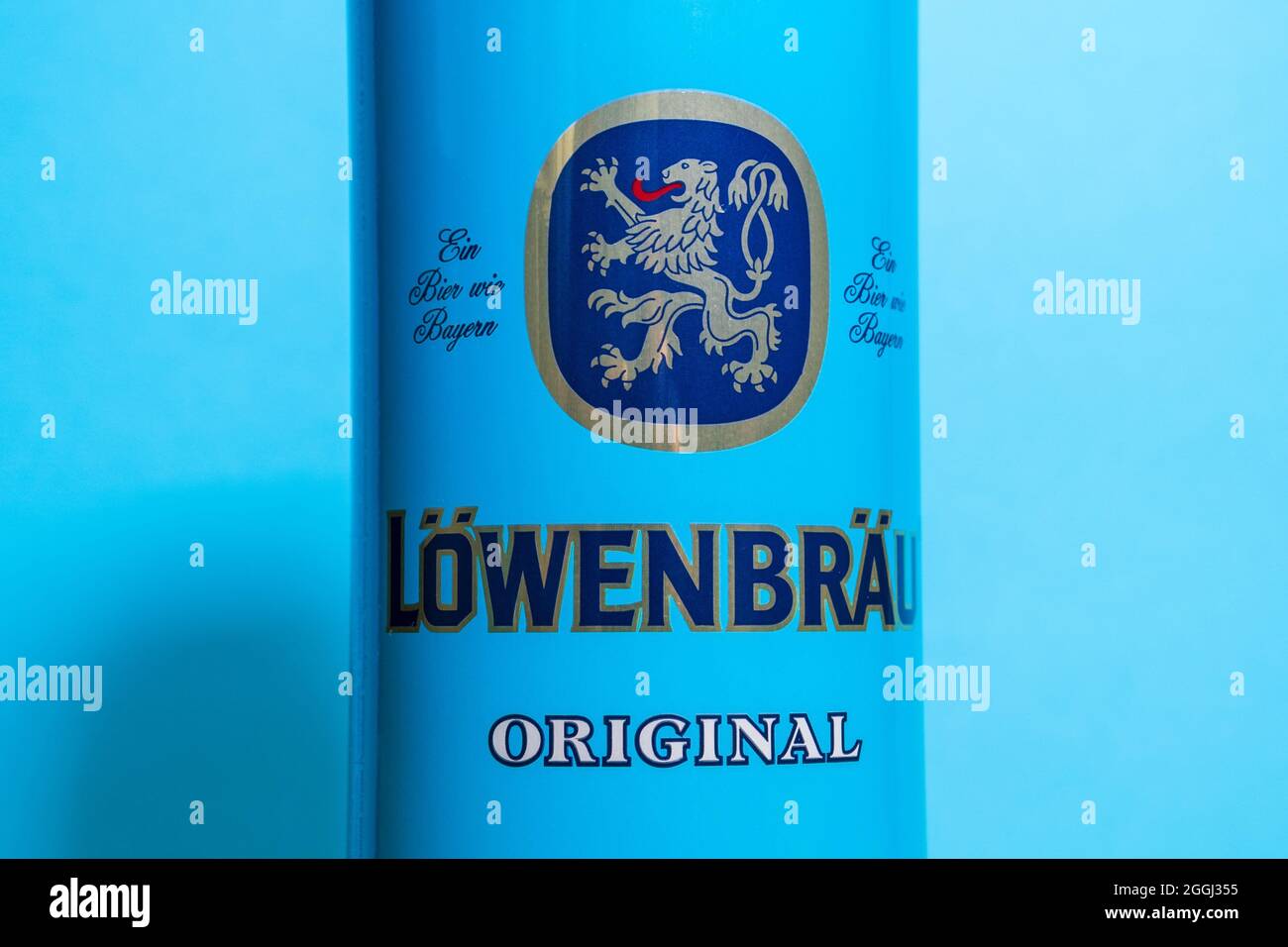 Tyumen, Russia-May 25, 2021: Lowenbrau beer served at every Oktoberfest in Munich since 1810. Stock Photo