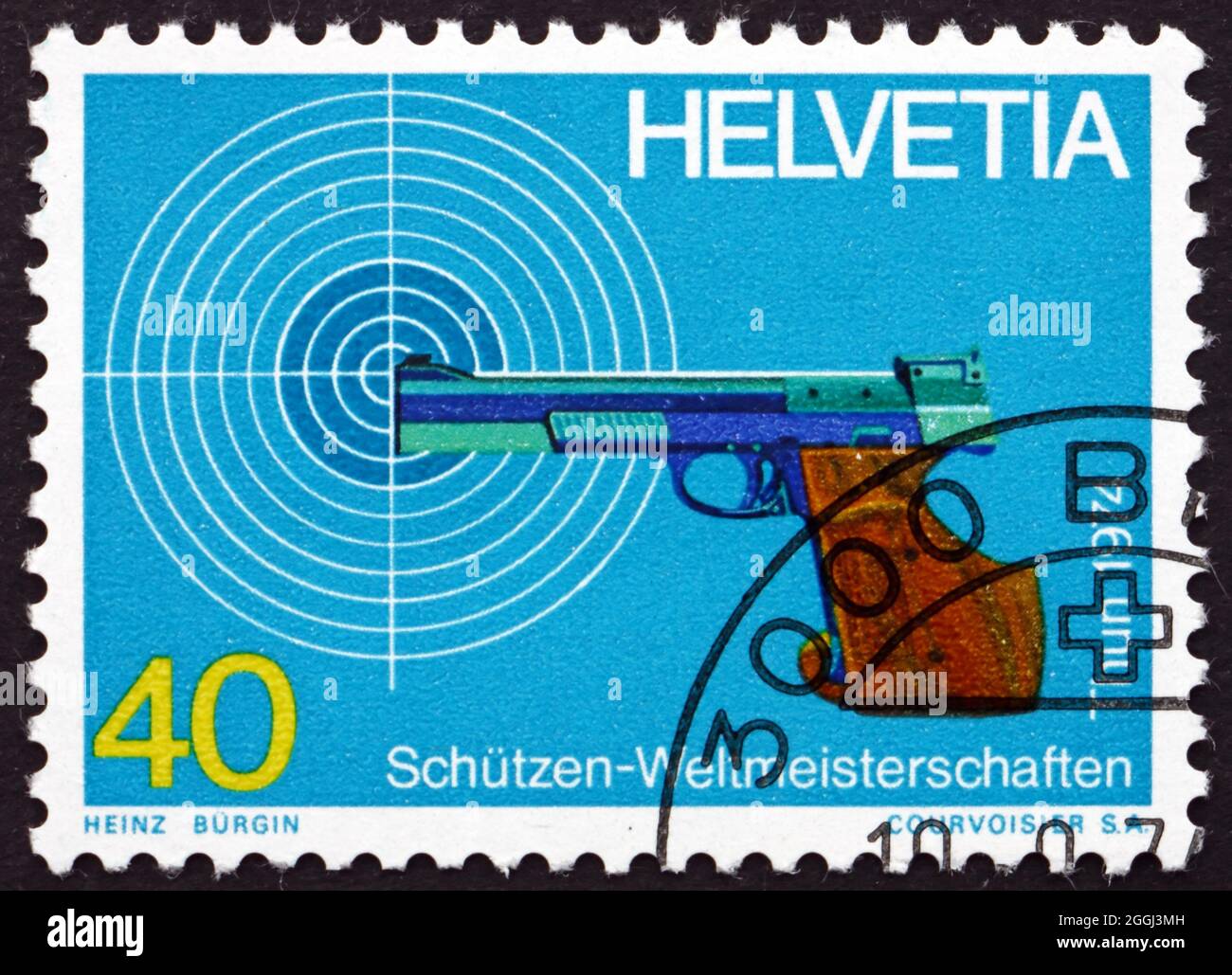 SWITZERLAND - CIRCA 1974: a stamp printed in the Switzerland shows Target and Pistol, World Marksmanship Championships, Thun and Bern, circa 1974 Stock Photo