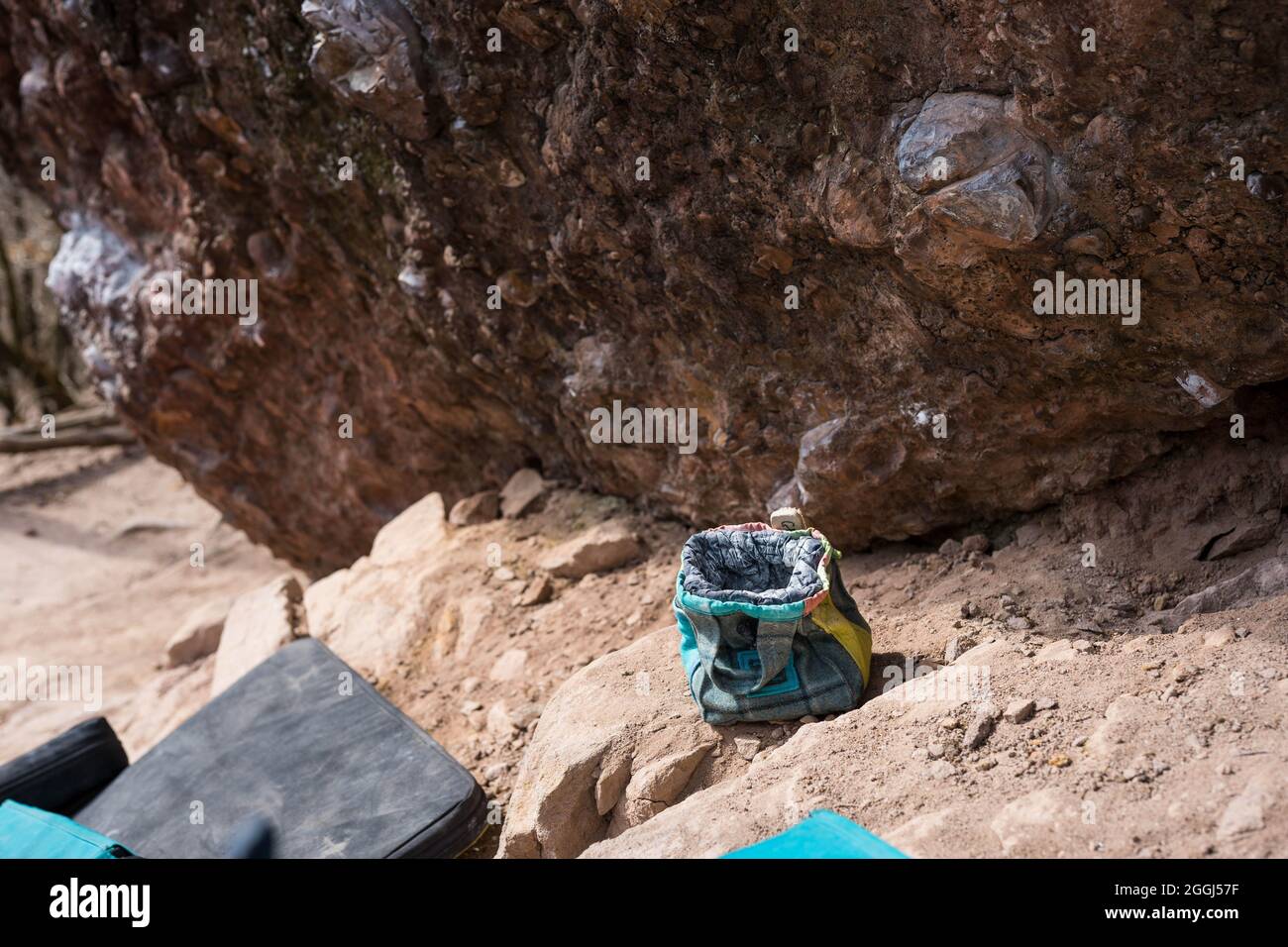 Climbing gym chalk bag next to the rock Stock Photo Alamy