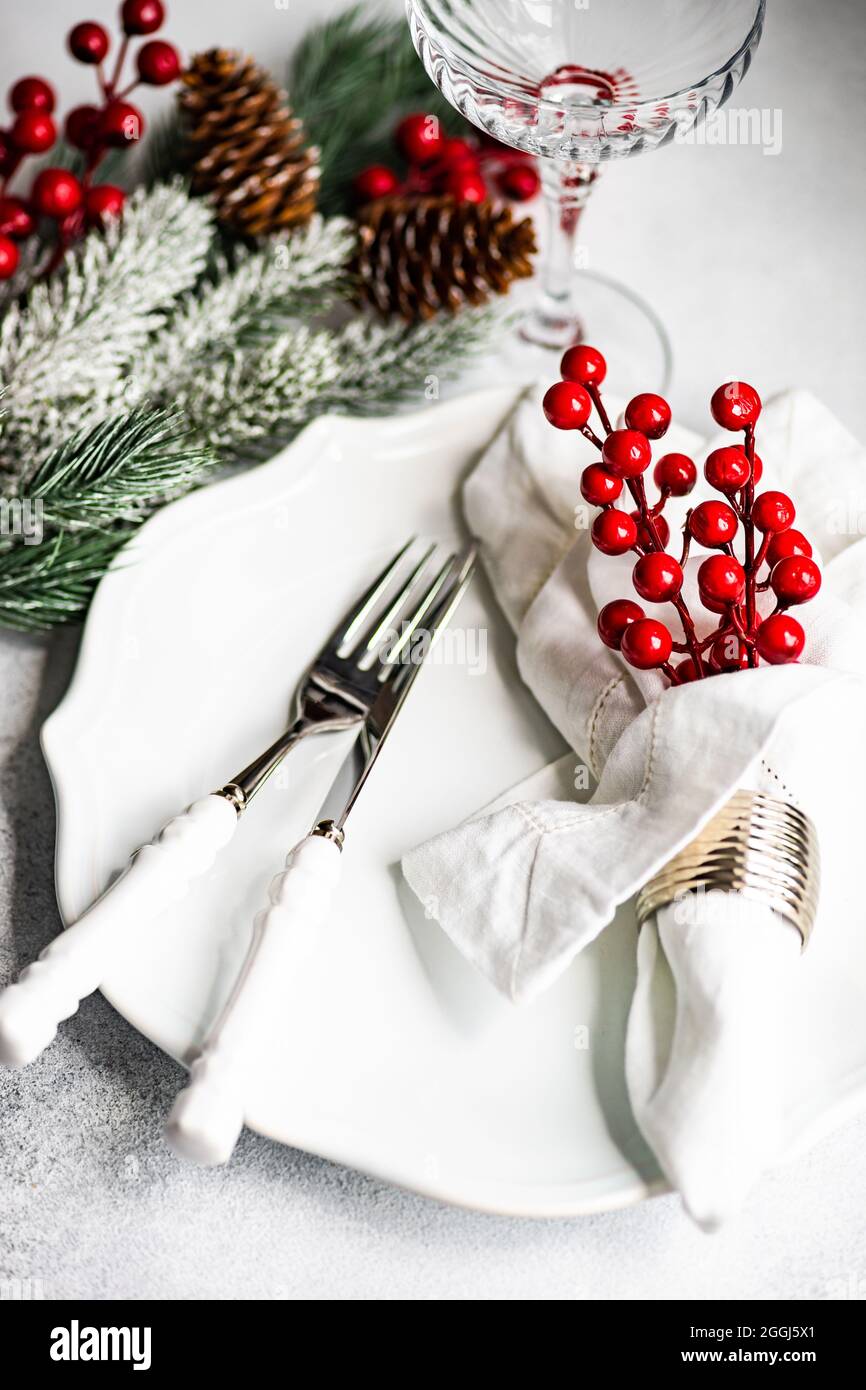 Minimalistic table setting for festive christmas dinner Stock Photo