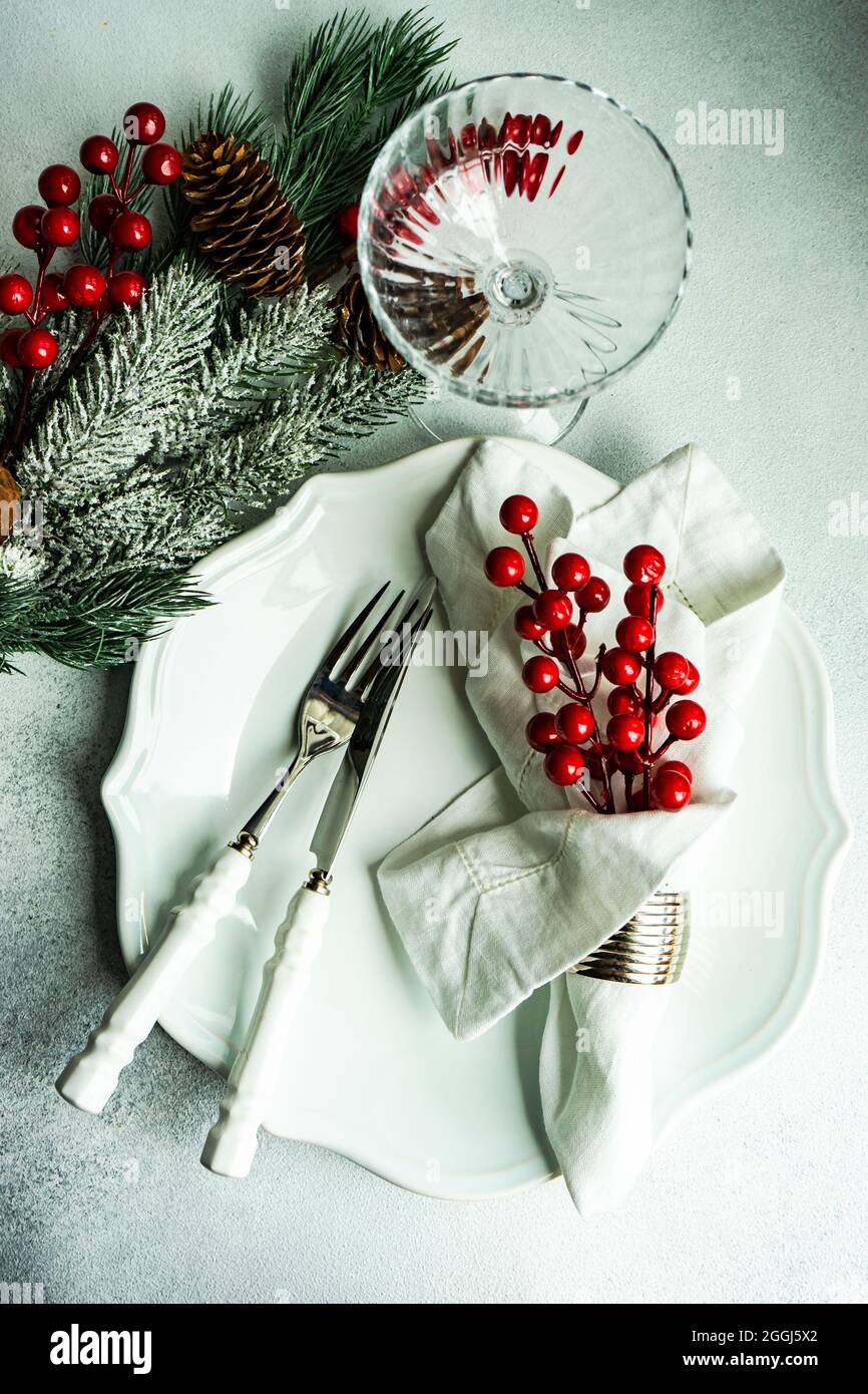 Minimalistic table setting for festive christmas dinner Stock Photo