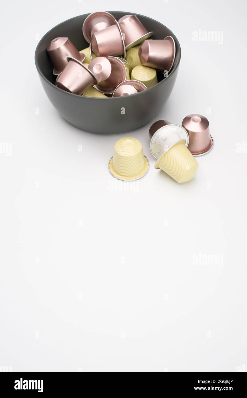 Nespresso system roast and ground coffee capsules with free text space on white background Stock