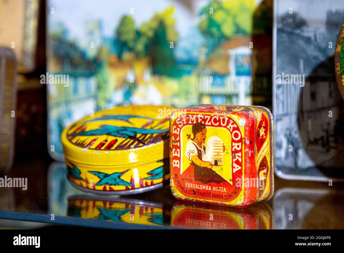 Retro candy tins on display at the Szamos Chocolate Museum in Budapest, Hungary Stock Photo