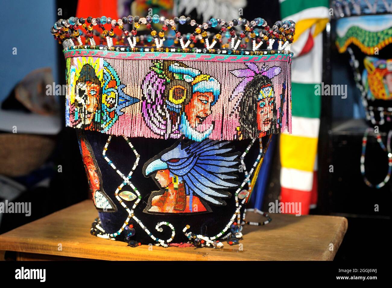 Mexico City, Mexico. August 31, 2021, Detail of of a pre-hispanic figure  made of Chaquira on a Chinelo hat by Mr. Francisco Gonzalez, in he  workshop. for more that 30 years he