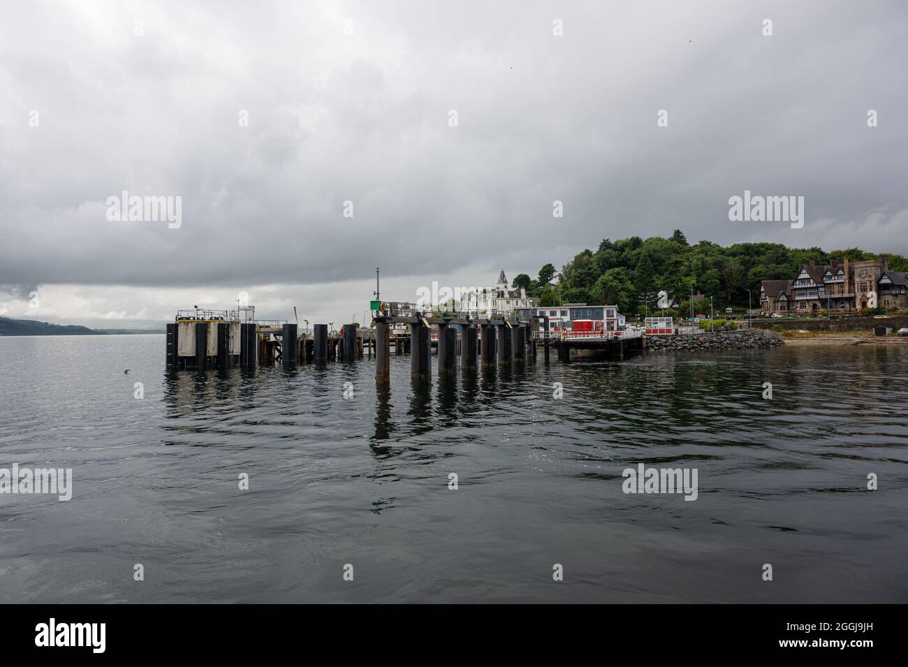 Travelling across the Firth of Clyde from Greenock to Dunoon, arriving at the quayside Stock Photo