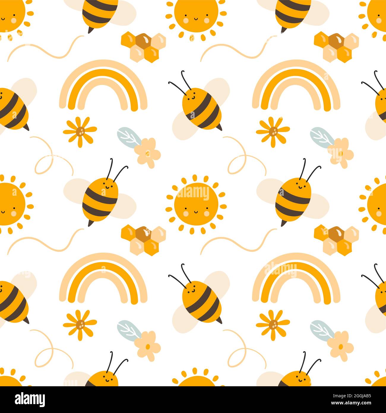 https://c8.alamy.com/comp/2GGJAB5/cute-child-seamless-hand-drawn-pattern-with-flying-kid-bees-and-rainbow-and-flowers-vector-scandinavian-baby-summer-illustration-2GGJAB5.jpg