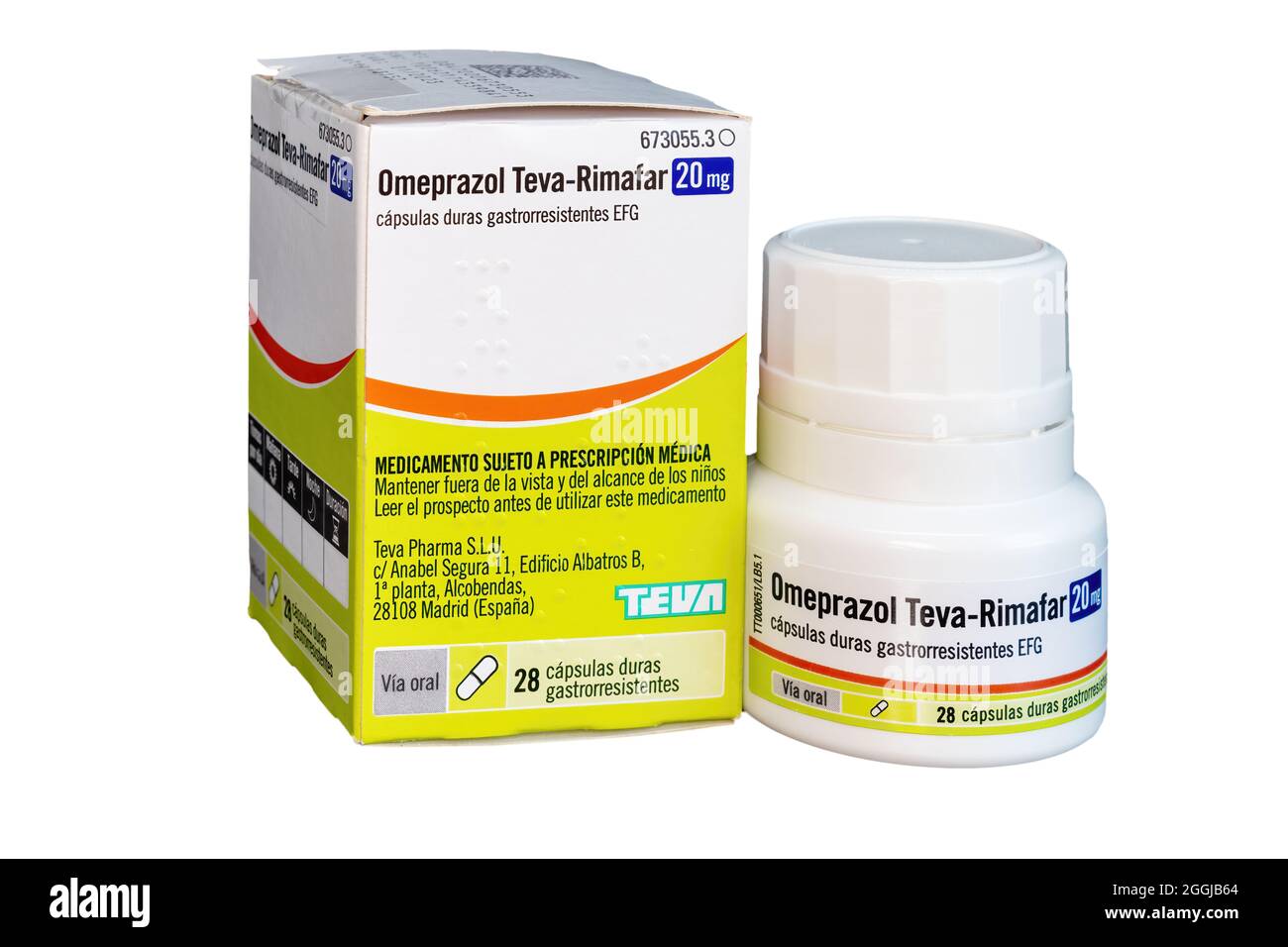 Huelva, Spain - August 27, 2021: Spanish bottle of generic Omeprazole from Teva-Rimafar laboratory. It is used to treat stomach and esophagus problems Stock Photo