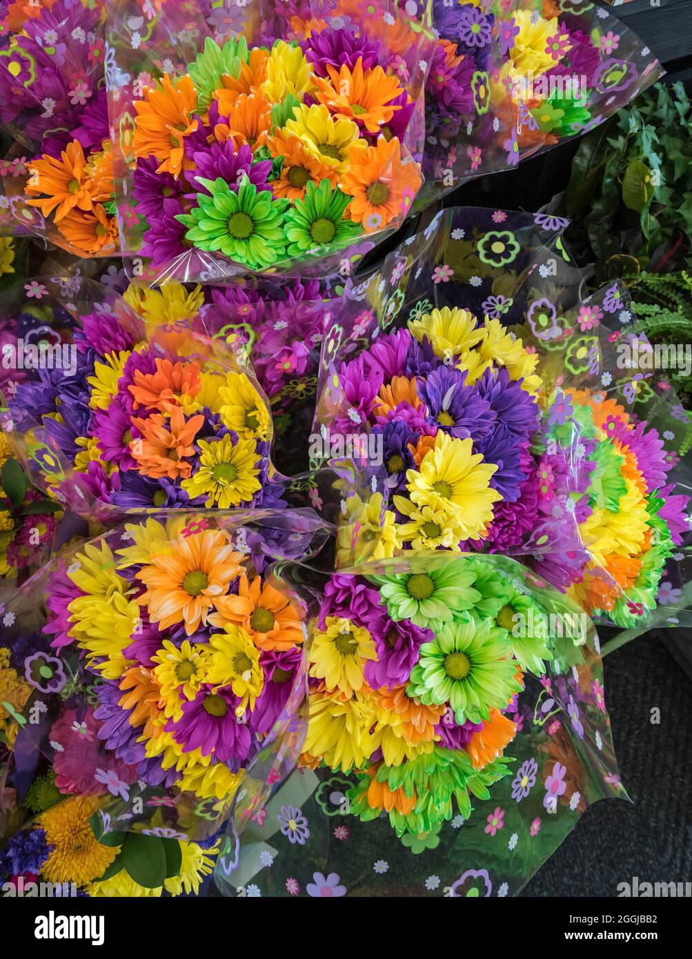 Colorful flower bunches for sale in a local supermarket in North