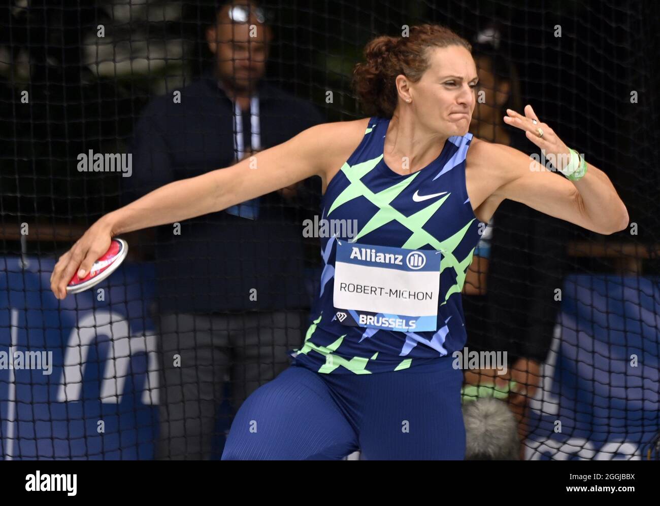 French Melina Robert-Michon pictured in action during the women's discus throw event, part of the 2021 edition of the Memorial Van Damme athletics mee Stock Photo