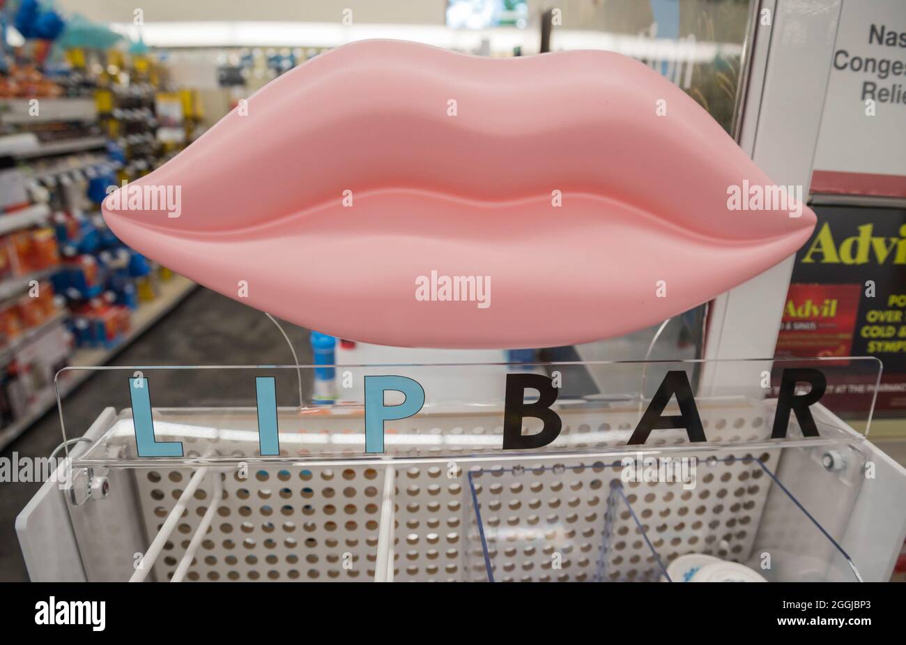 Giant lips guarding the 'Lip Bar' in a local pharmacy in North Central Florida. Stock Photo