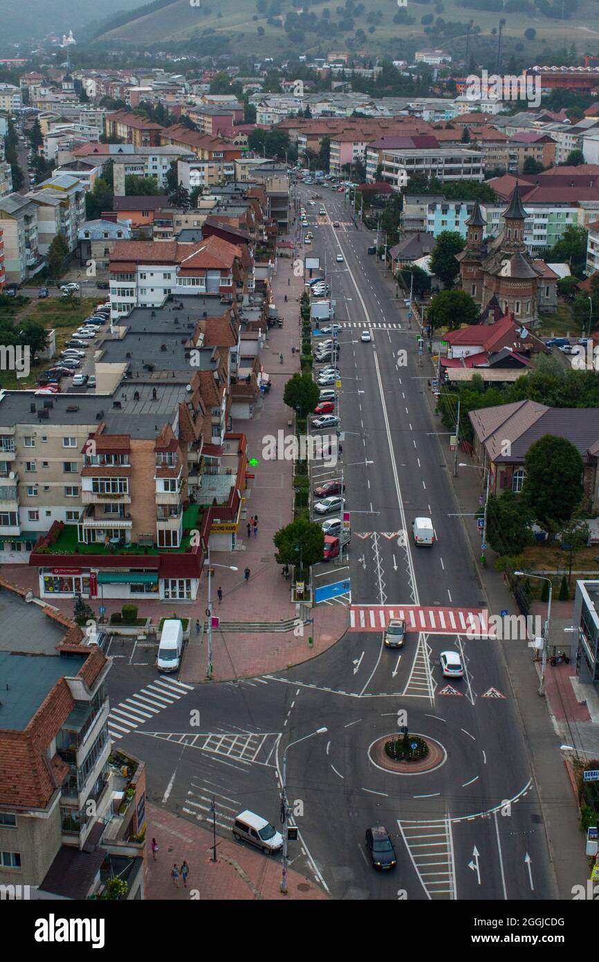 Main road in the city of Piatra Neamt, in Romania, seen from above. Stock Photo