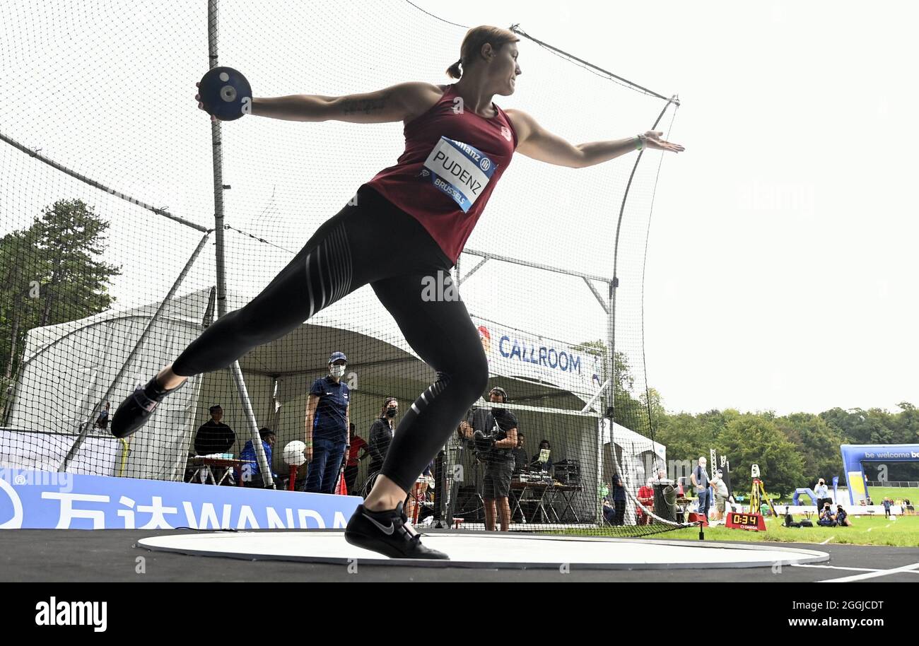 German Kristin Pudenz pictured in action during the women's discus throw event, part of the 2021 edition of the Memorial Van Damme athletics meeting, Stock Photo