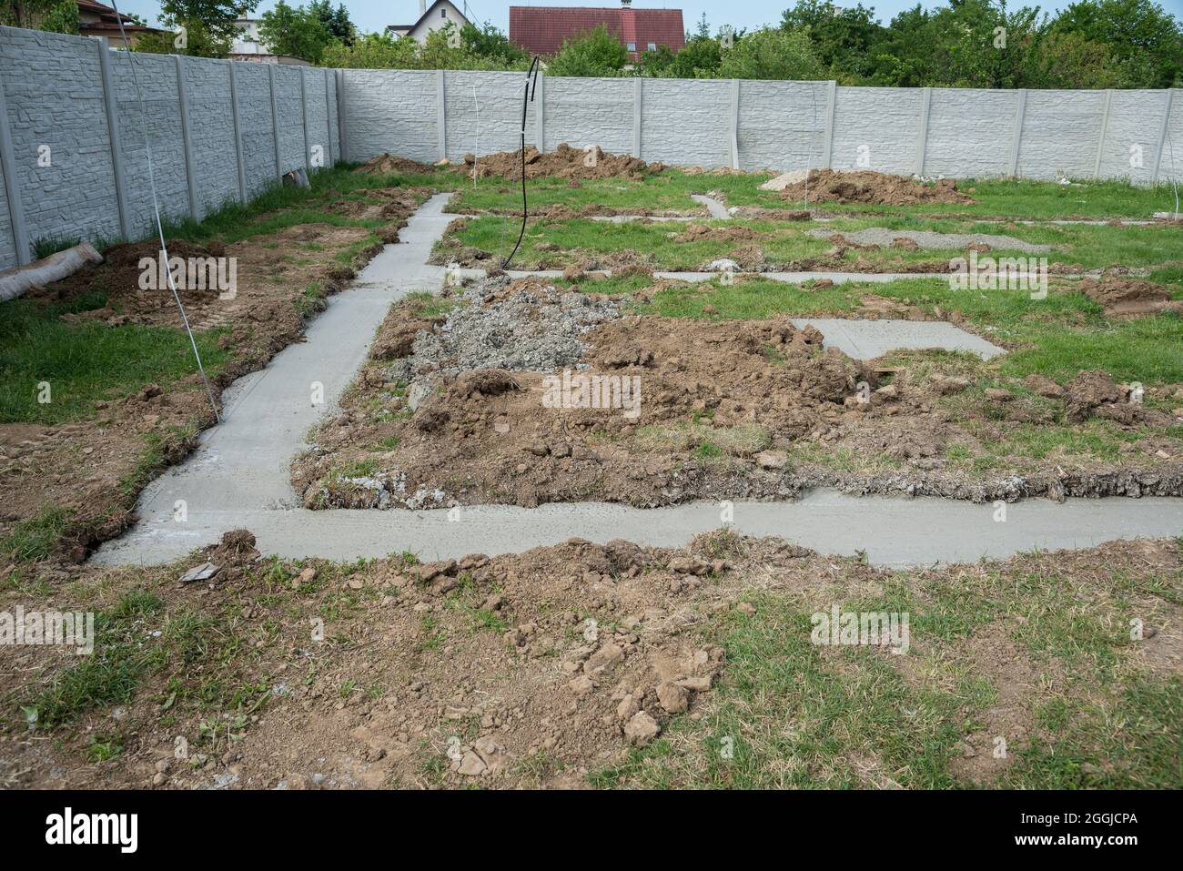 Concrete foundation in the ground prepare to build walls Stock Photo