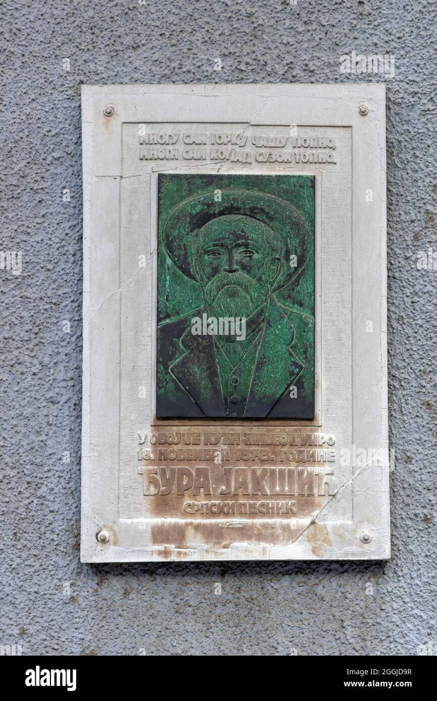 Belgrade, Serbia - August 03, 2021: Memorial Plaque at Famous Poet Djura Jaksic House in Skadarlija Street. Stock Photo