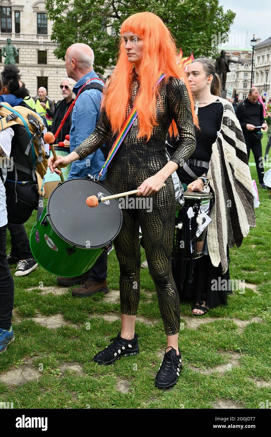 London, UK. Drummer, Extinction Rebellion London Protests : Day Ten. Greenwash Action Day, Westminster. Stock Photo