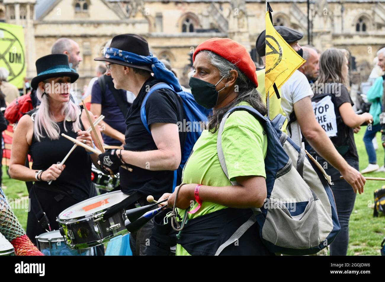 London, UK. Drummer, Extinction Rebellion London Protests : Day Ten. Greenwash Action Day, Westminster. Stock Photo