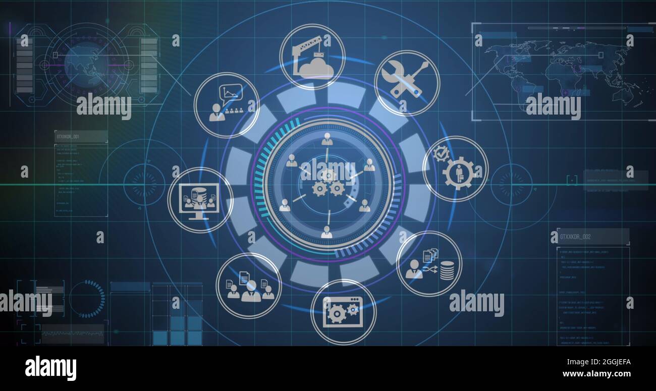 Image of scope scanning, digital icons and data processing with world ...