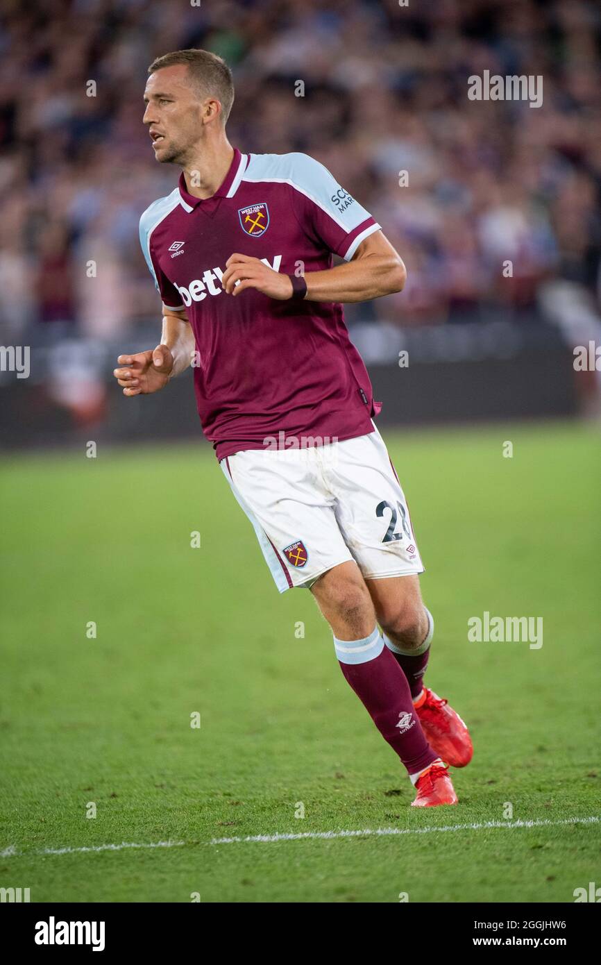 LONDON, ENGLAND - AUGUST 23: Tomáš Souček during the Premier League match between West Ham United  and  Leicester City at The London Stadium on August Stock Photo