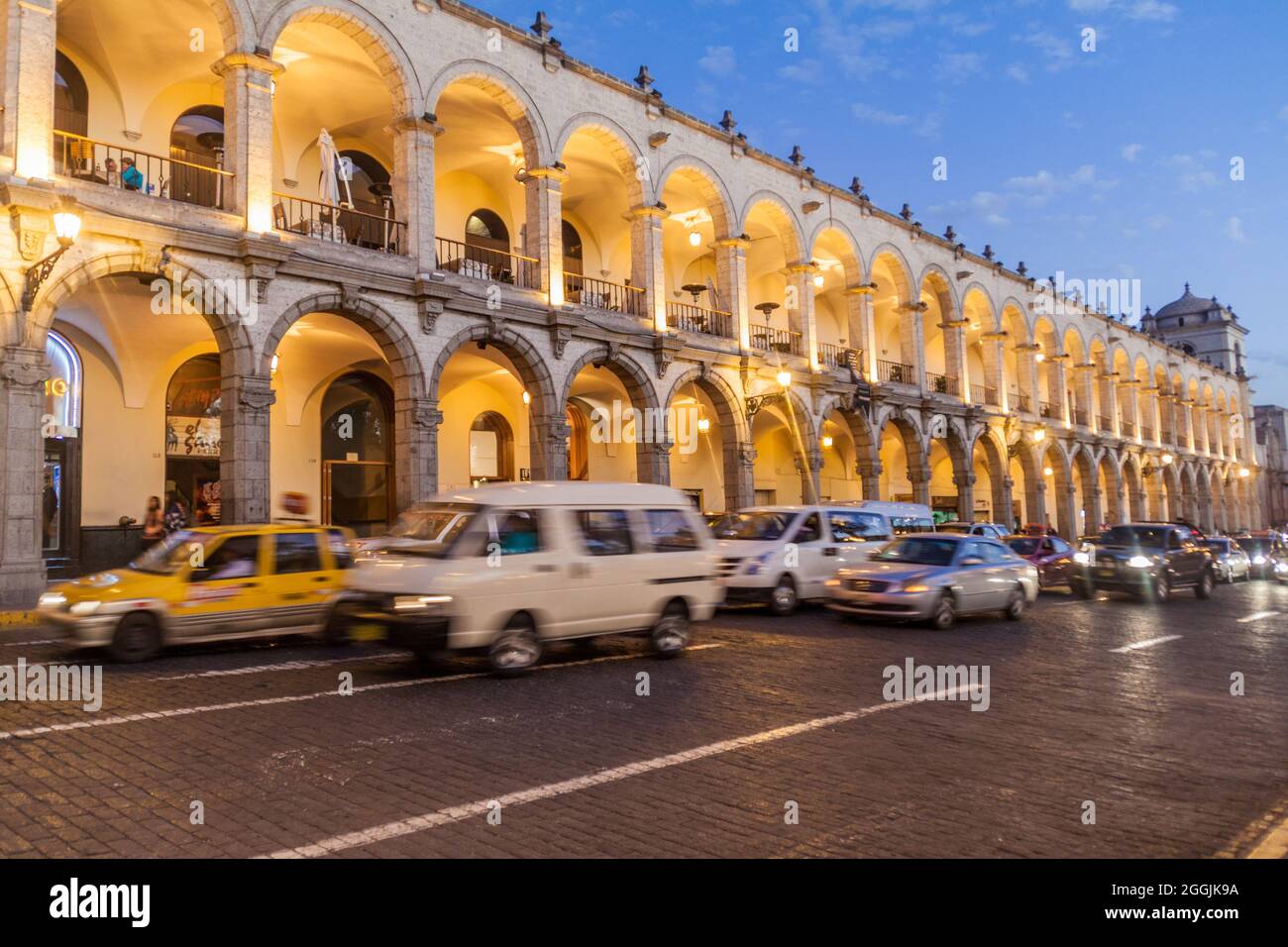 AREQUIPA, PERU MAY 26, 2015 Colonial houses on Plaza de Armas square