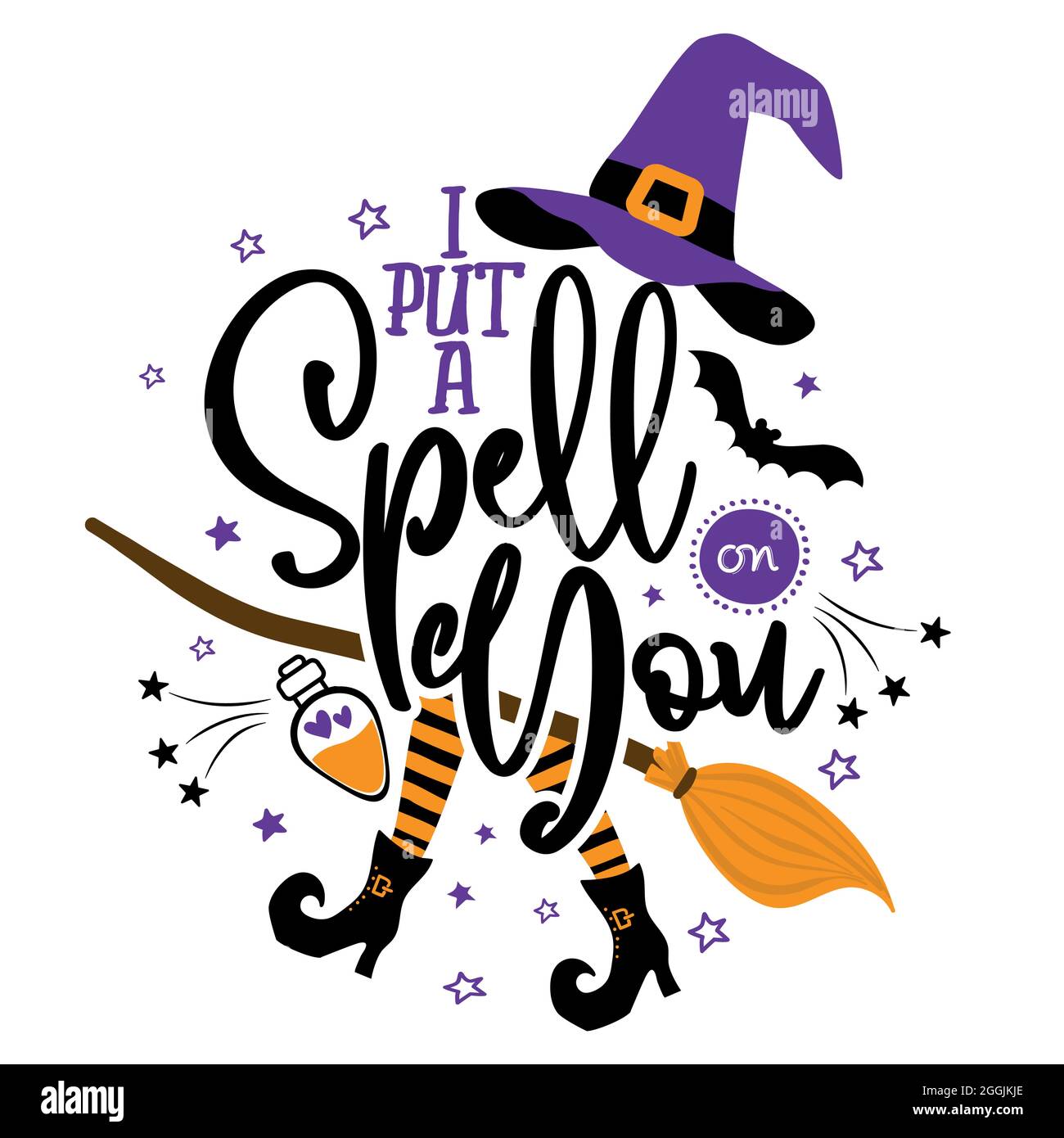 I put a spell on you - Halloween Witch quote on white background with broom, bats and witch hat. Good for t-shirt, mug, scrap booking, gift, printing Stock Vector