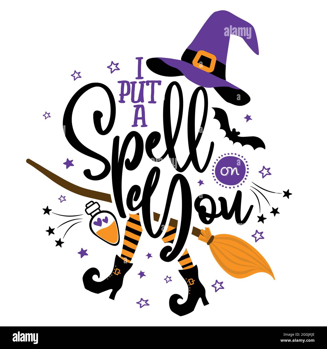 I put a spell on you - Halloween Witch quote on white background with  broom, bats and witch hat. Good for t-shirt, mug, scrap booking, gift,  printing Stock Vector Image & Art 