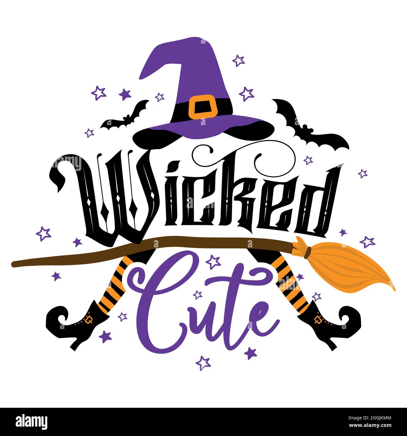 Wicked cute - Halloween quote on white background with broom, bats and witch hat. Good for t-shirt, mug, scrap booking, gift, printing press. Holiday Stock Vector