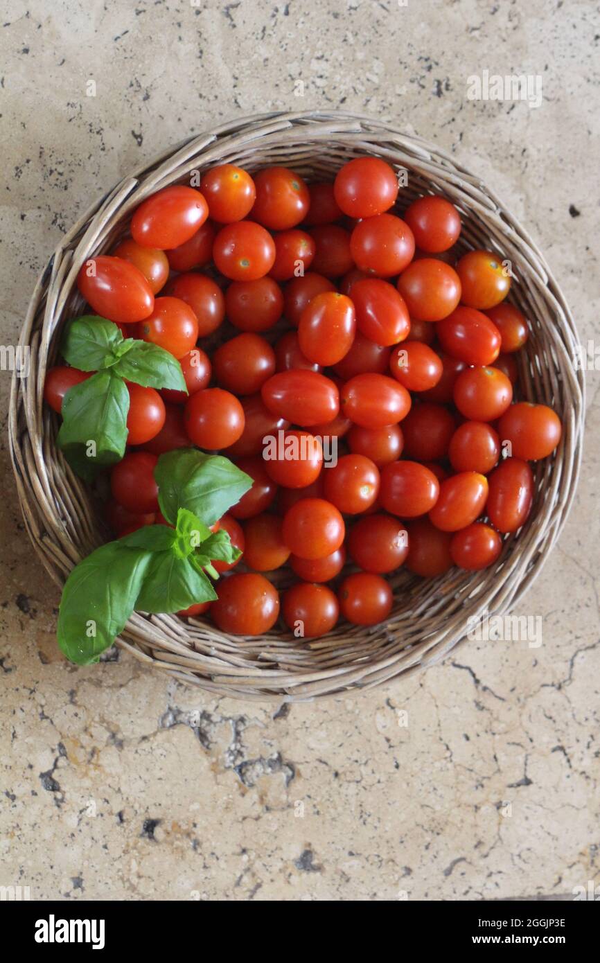 Tomatoes and basil on stone surface Stock Photo