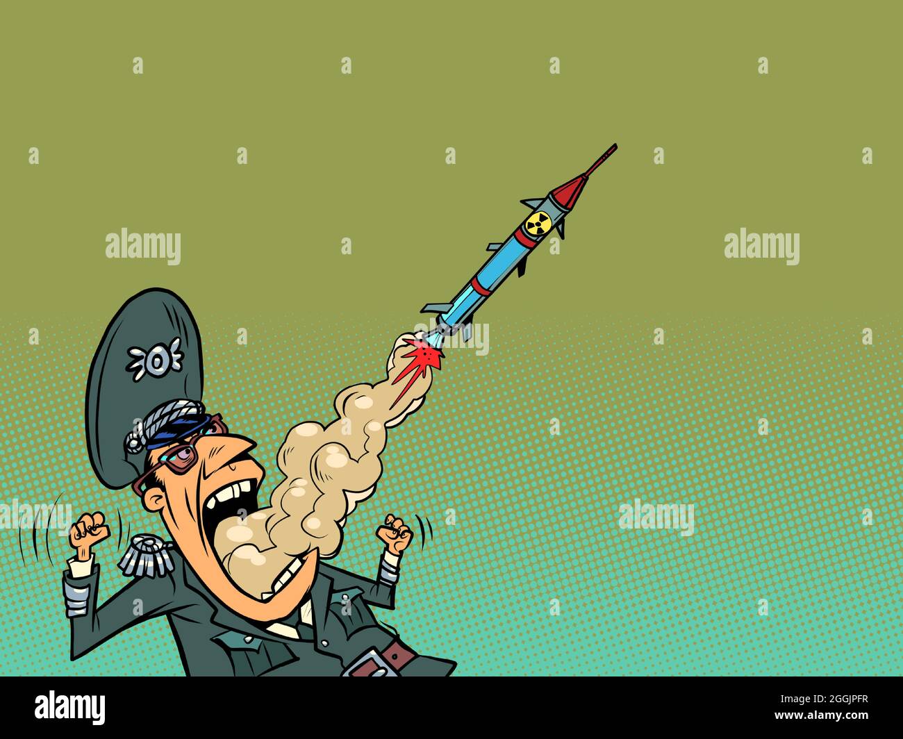 A military general releases missiles and unleashes a war. Aggressive speech and politics Stock Vector