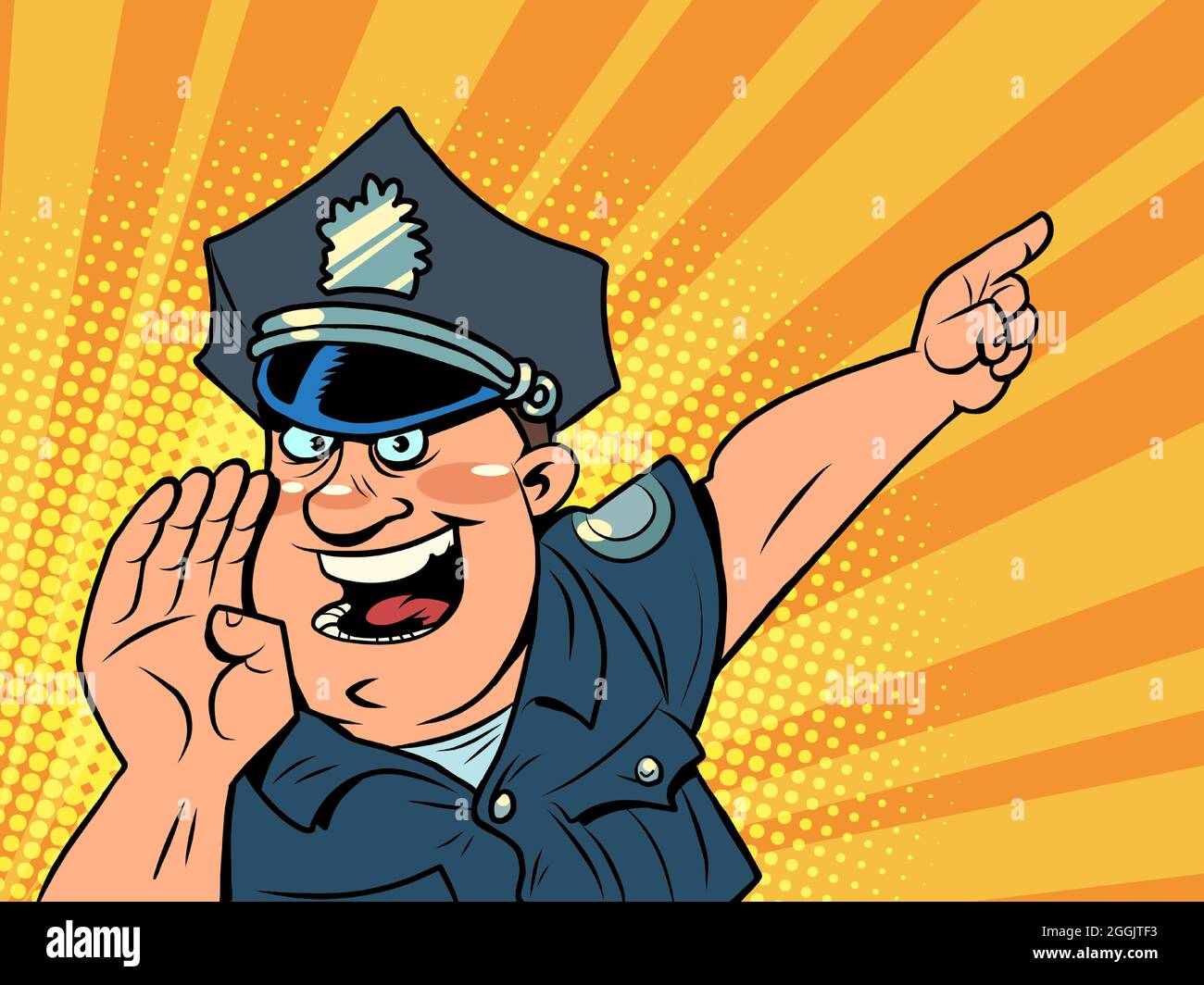 a friendly police man, pointing in the direction. The sheriff is helping. Law and Order Stock Vector