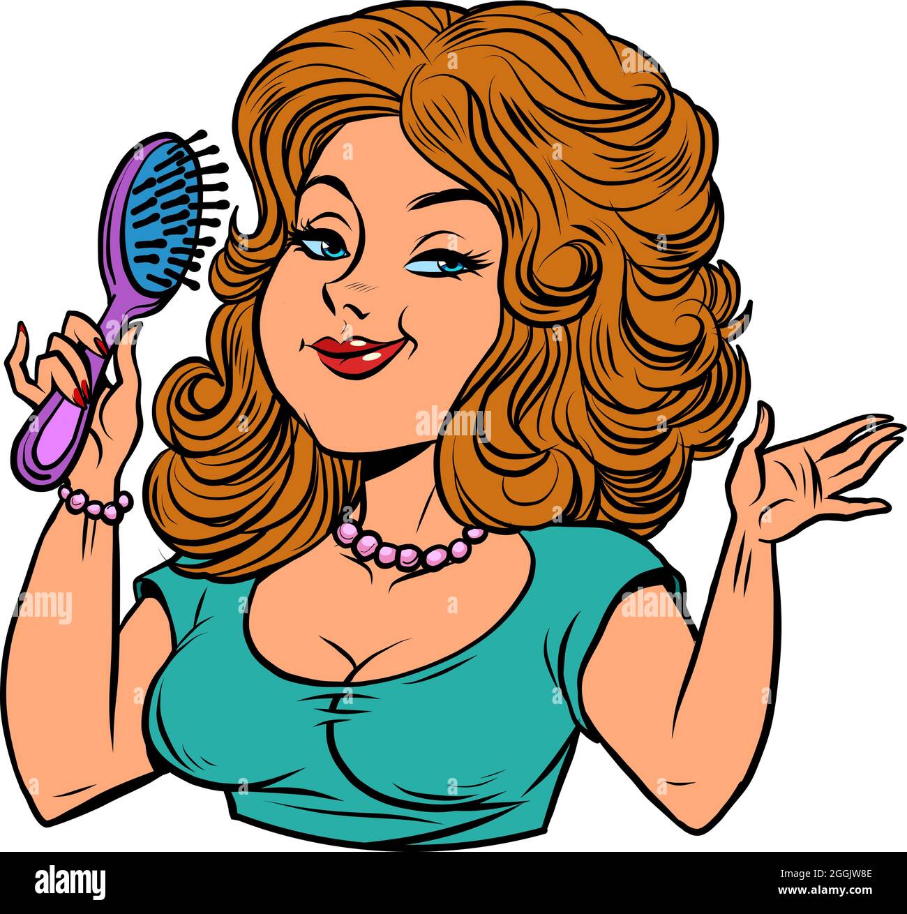 beautiful young woman combs hair, hairstyle and beauty treatments Stock Vector