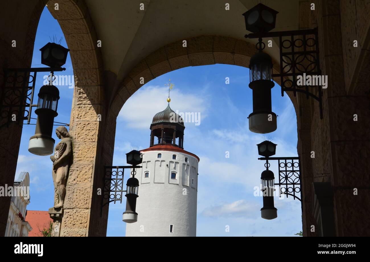 view through an arch to a city tower of Görlitz Stock Photo