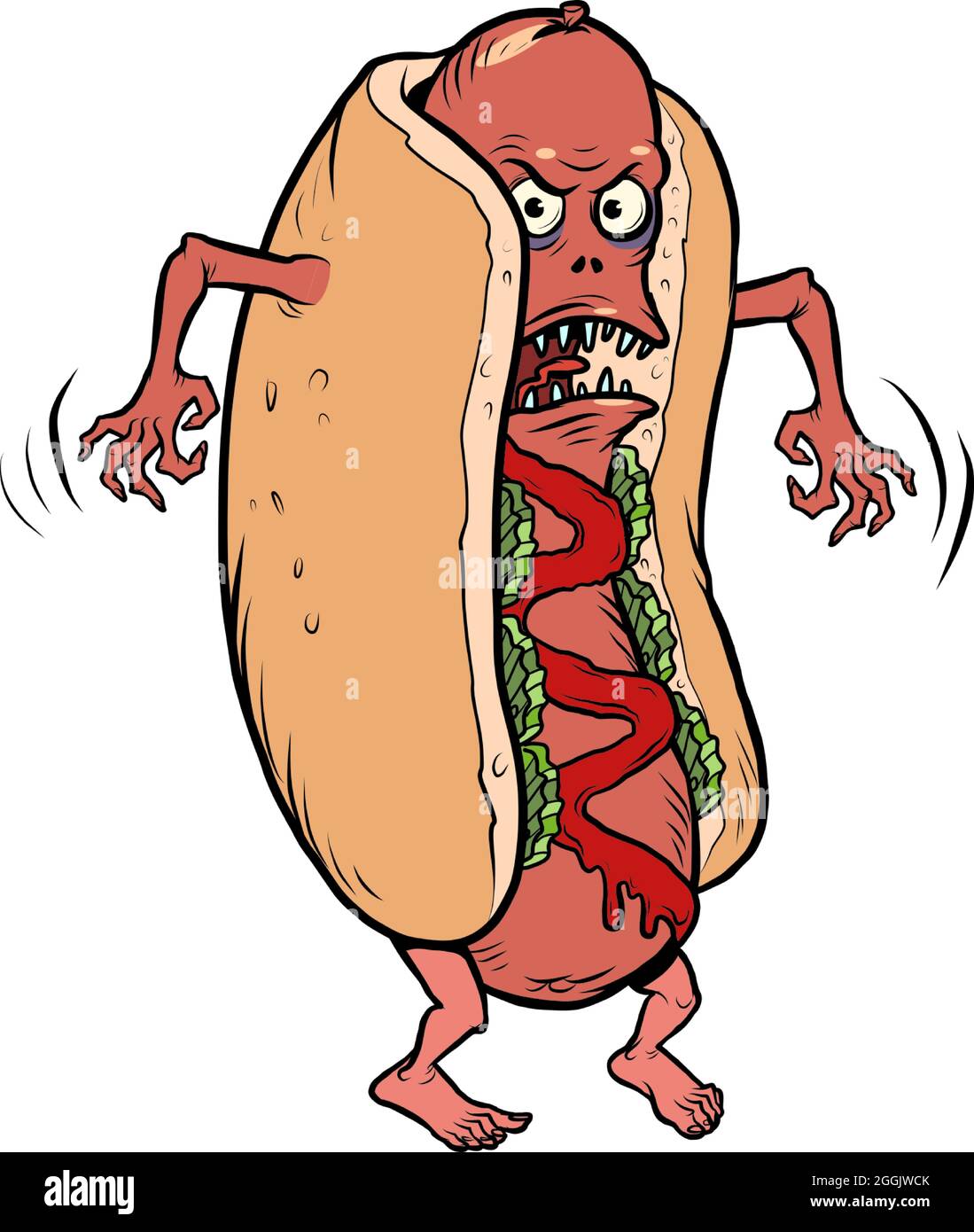 angry negative dangerous hot dog fast food funny mascot character, restaurants and street food Stock Vector