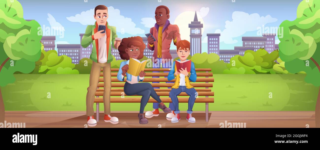 Cartoon young people sitting on bench in city park. Teen boys hold smartphone in hand and chatting in social networks. Girls reading book or studying. Characters communicate online with mobile devices Stock Vector